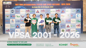 Gian hàng KOMOT giới thiệu dịch vụ hun trùng hữu cơ và bảo quản nông sản tại hội nghị VIPO 2026